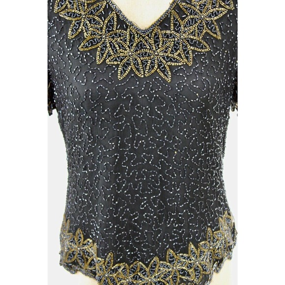 Stenay Beaded Silk Blouse Womens M Black Gold Cocktail Formal Party - Picture 2 of 12
